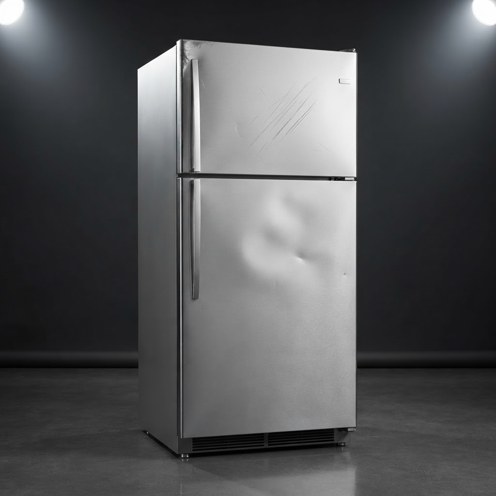 Before: the same refrigerator with dents and deep scratches