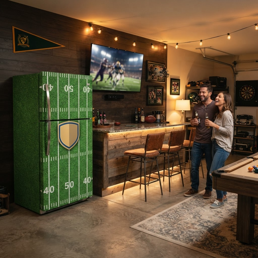A turf-wrapped football field refrigerator in a game room next to a TV and bar stools