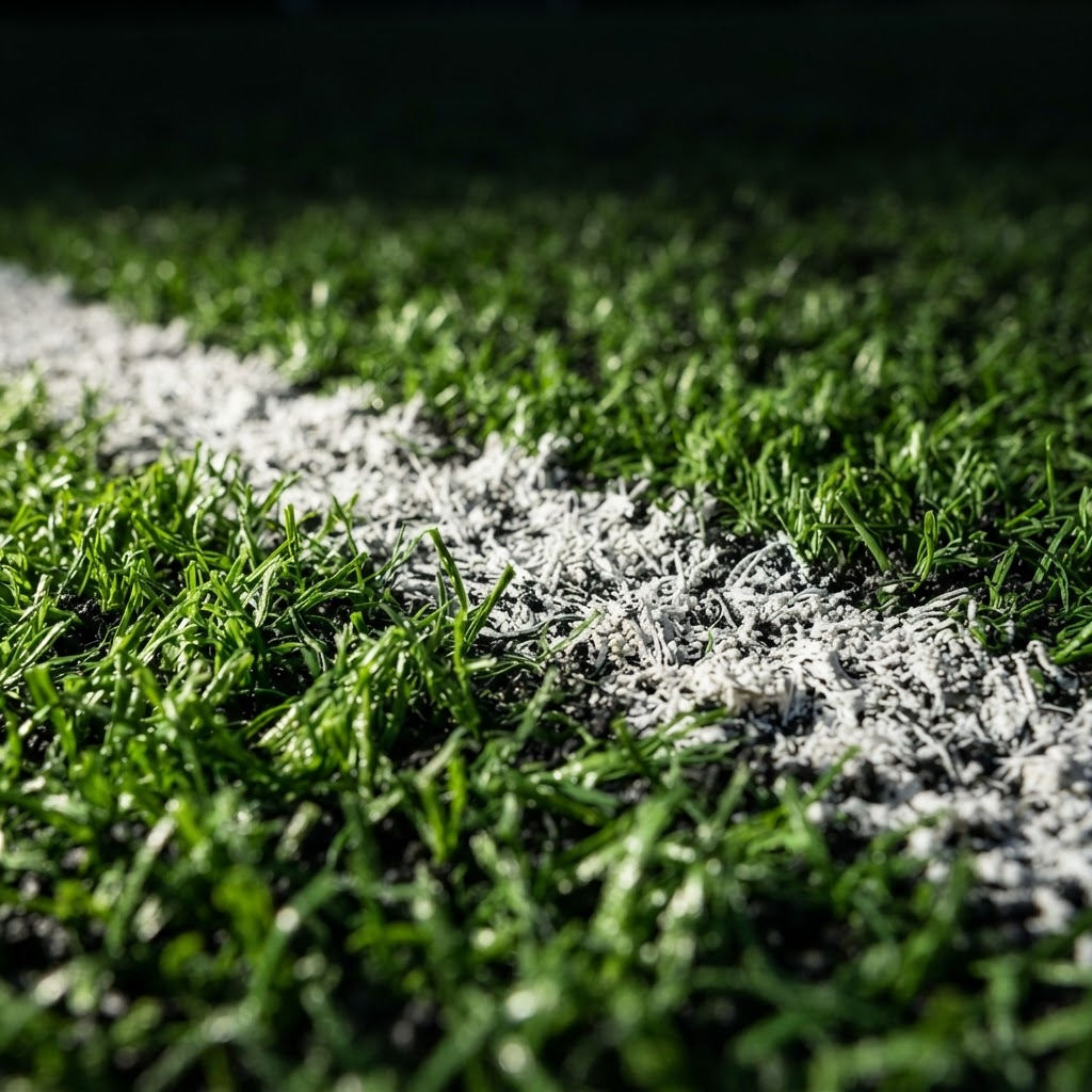 Close-up of dense green turf fibers with a crisp white chalk line